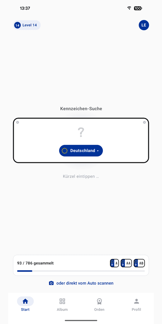 KFZetti Startbildschirm mit EU-Kennzeichen-Eingabe und Sammel-Fortschritt