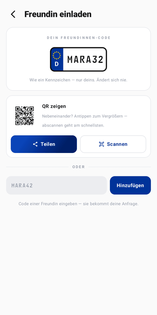 Einladen-Screen in KFZetti mit persönlichem Freundinnen-Code als Kennzeichen und QR-Code